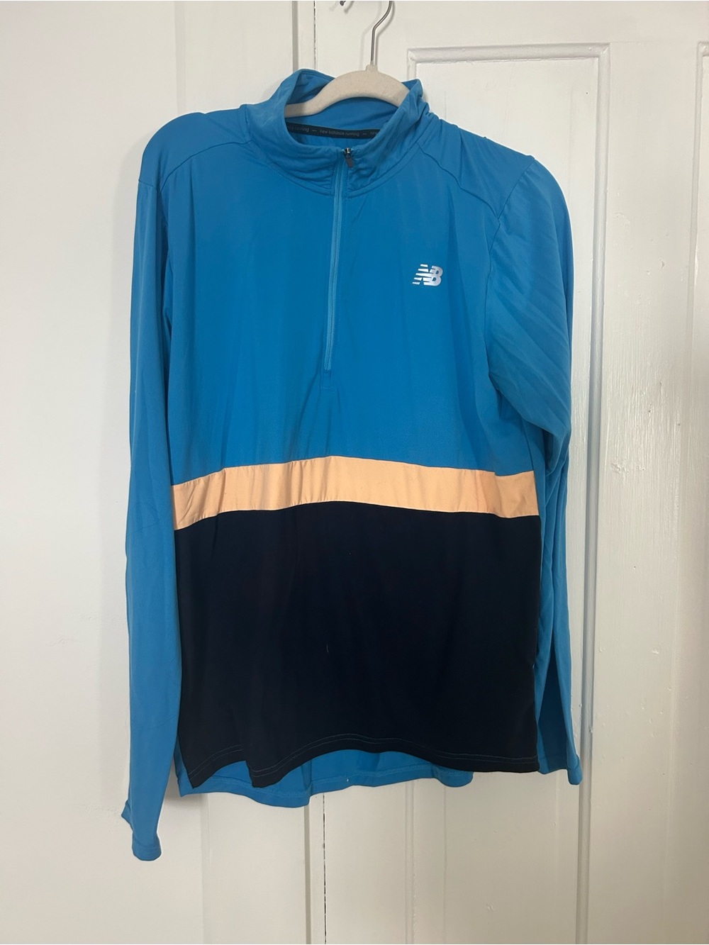New Balance Men’s Blue Colorblock Swim Rash Guard with Peach Stripe